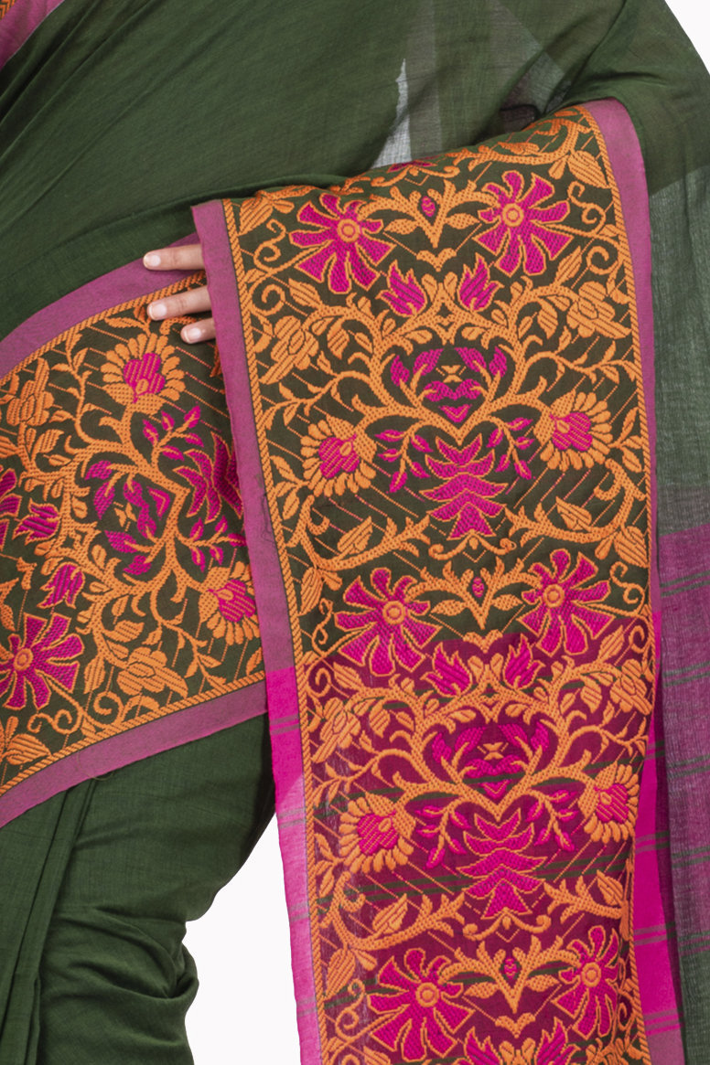 Dark Green Pure Cotton Begompuri_Hand Hand Loom Saree (672)